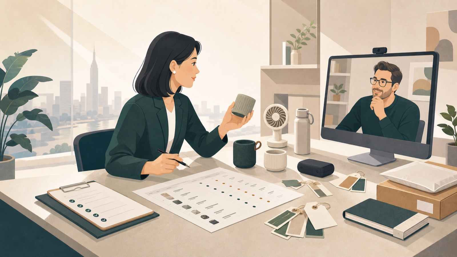 Product samples, shipping labels, and sample record sheets on a clean review desk