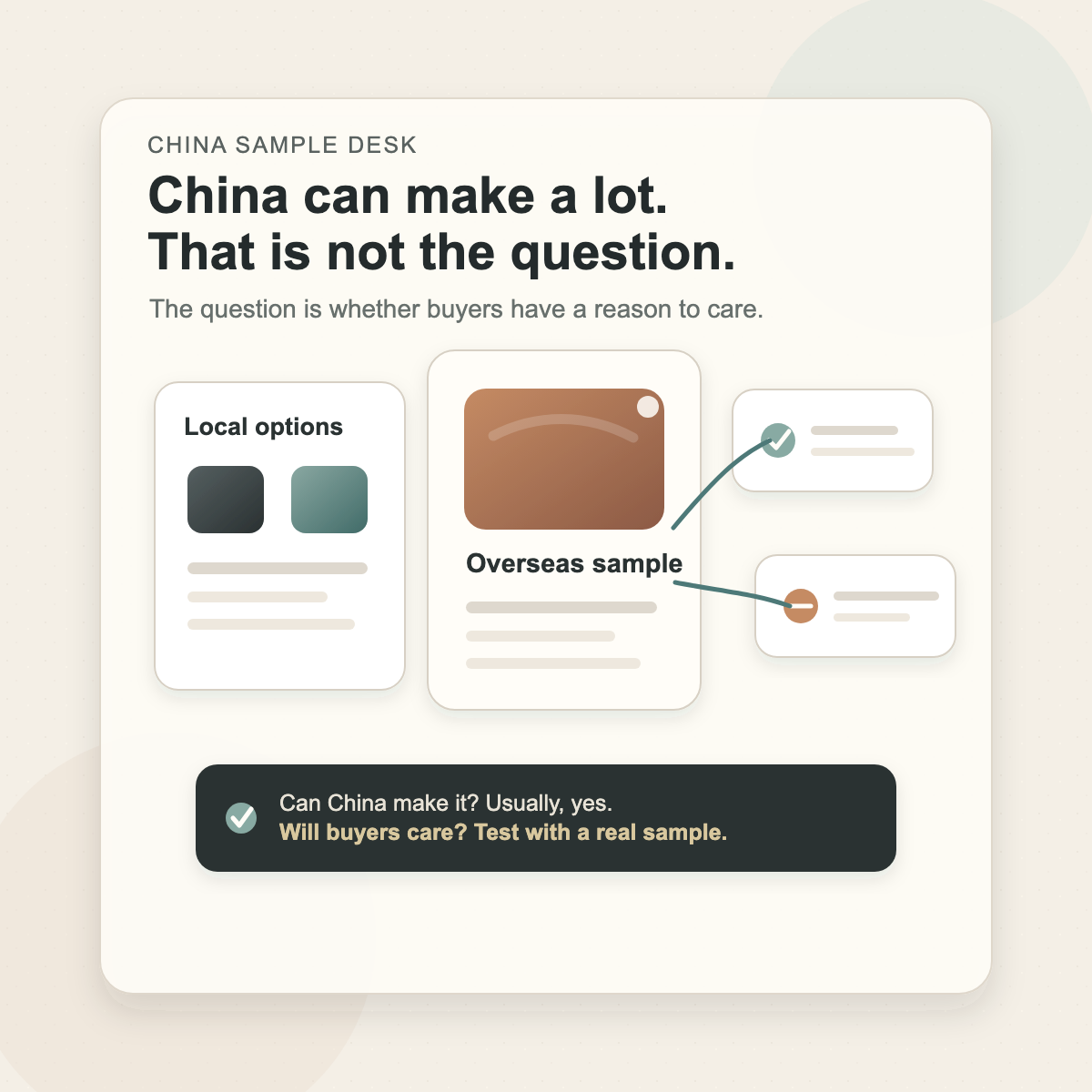 Illustration comparing local China options with an overseas product sample and market feedback signals
