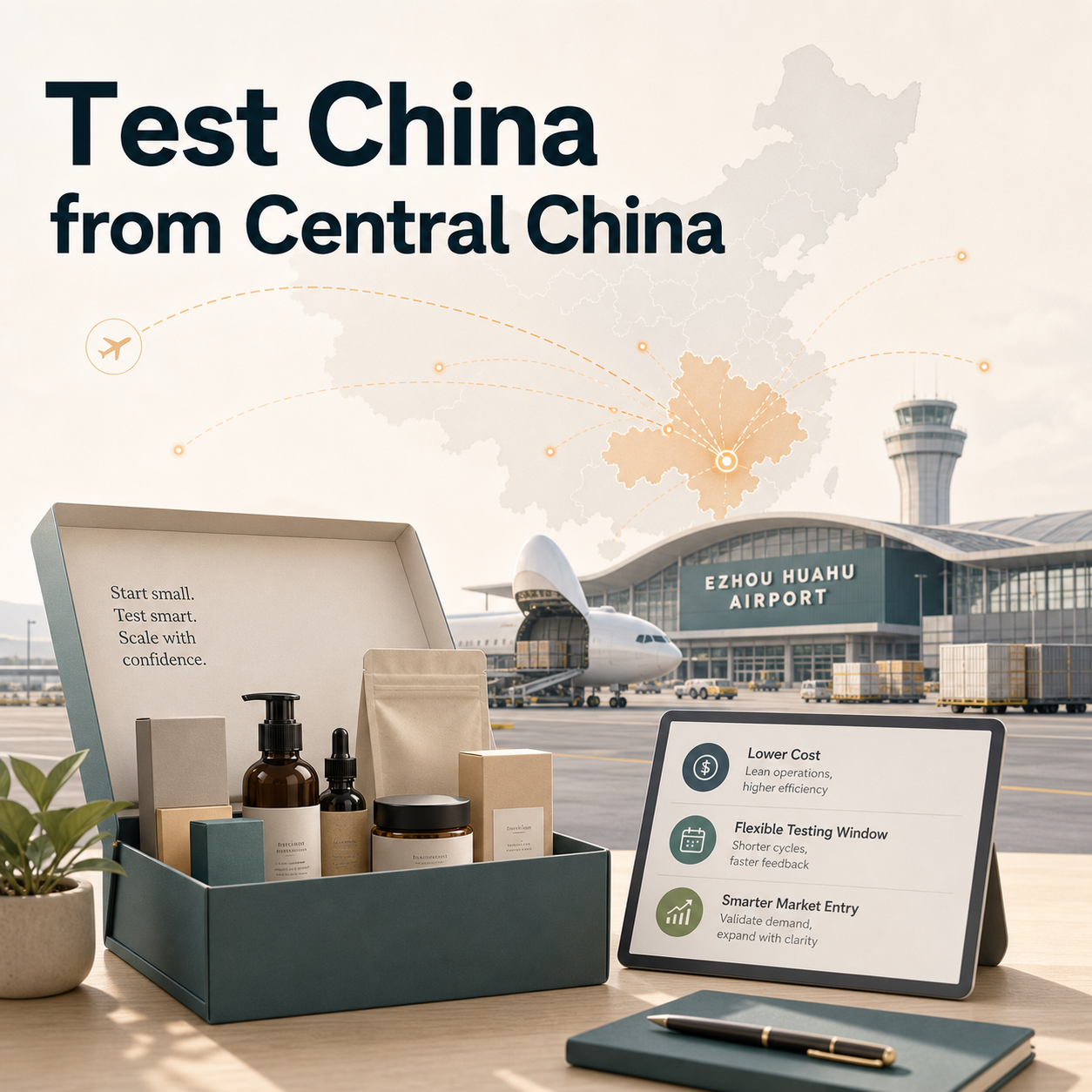 Illustration of Huahu Airport and Central China as a testing window for overseas products