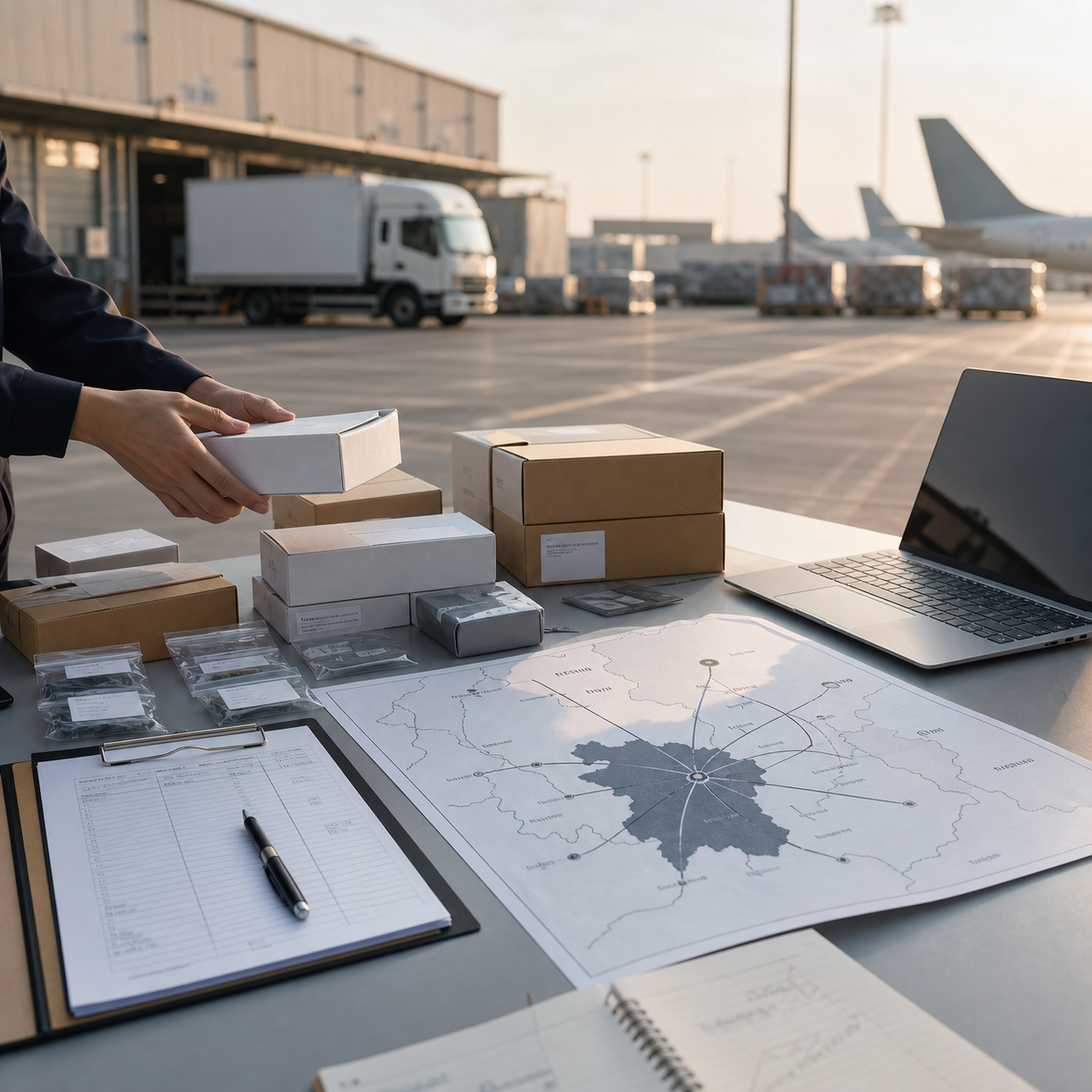 Photorealistic scene of sample boxes, records, and a Central China supply map near an air cargo logistics park