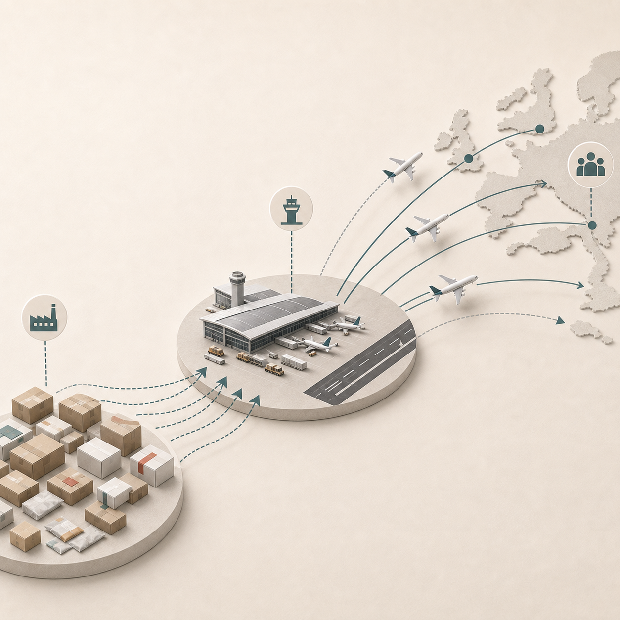 Illustration of Shenzhen parcels converging into Ezhou Huahu cargo hub before flying toward Europe